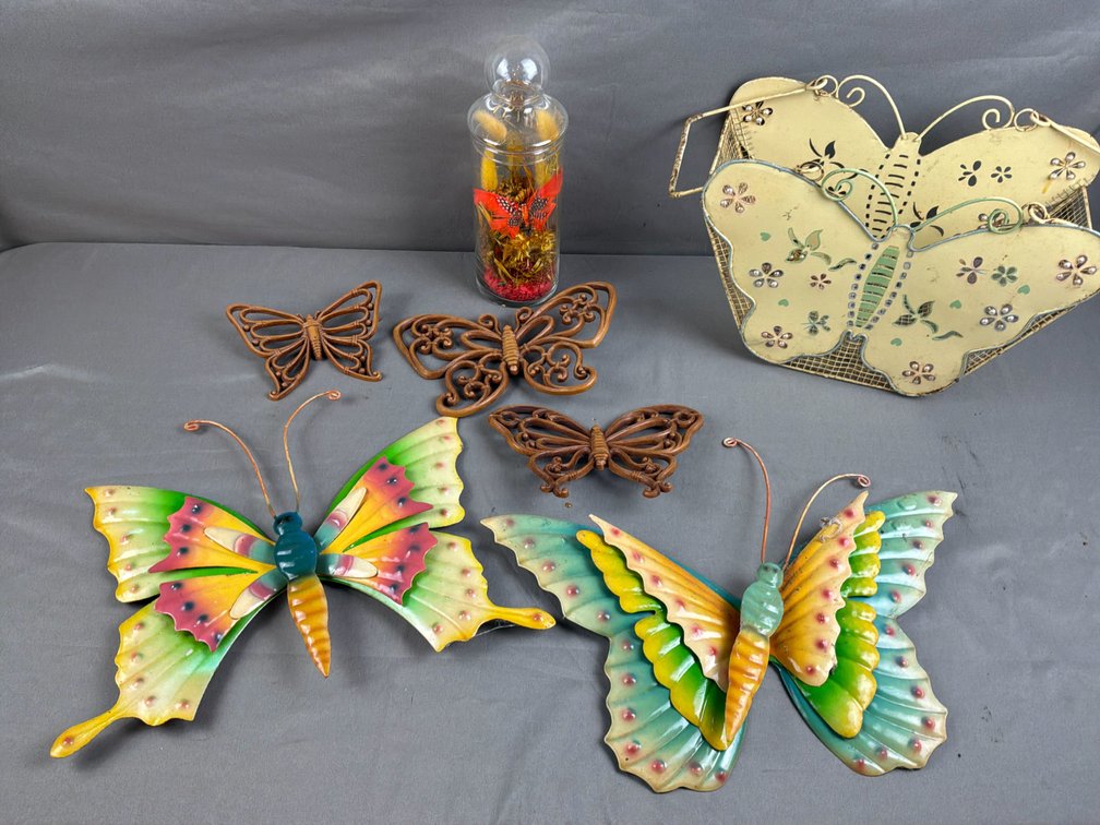 Butterfly Wall Decor, Wire Mesh Basket, and Apothecary Jar