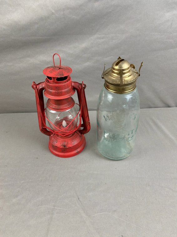 Red Electric Lantern and Glass Jar Oil Lamp