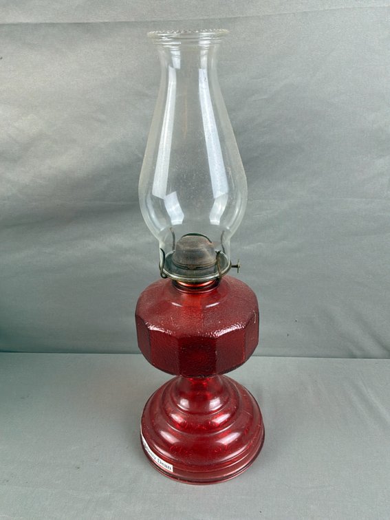 Ruby Red Glass Oil Lamp with Clear Chimney
