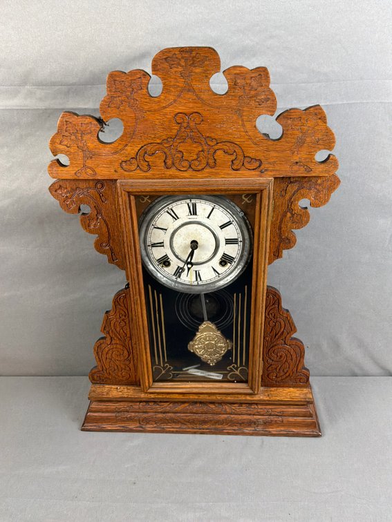 Carved Oak Parlor Mantel Clock with Pendulum and Key