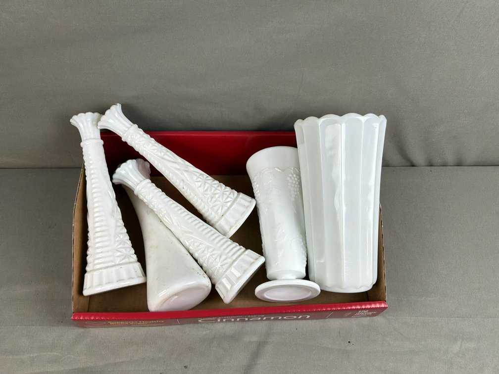 White Milk Glass Vases and Footed Tumbler