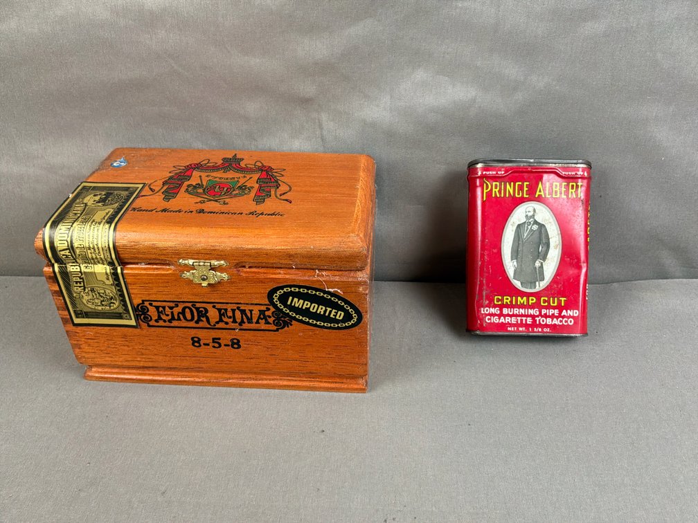 Wooden Cigar Box and Metal Tobacco Pocket Tin