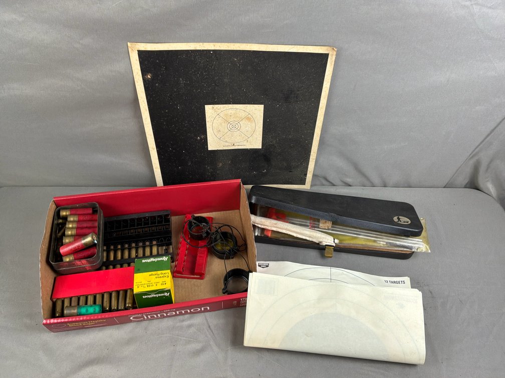 Ammunition, Gun Cleaning Kit, Scope Covers, and Paper Targets