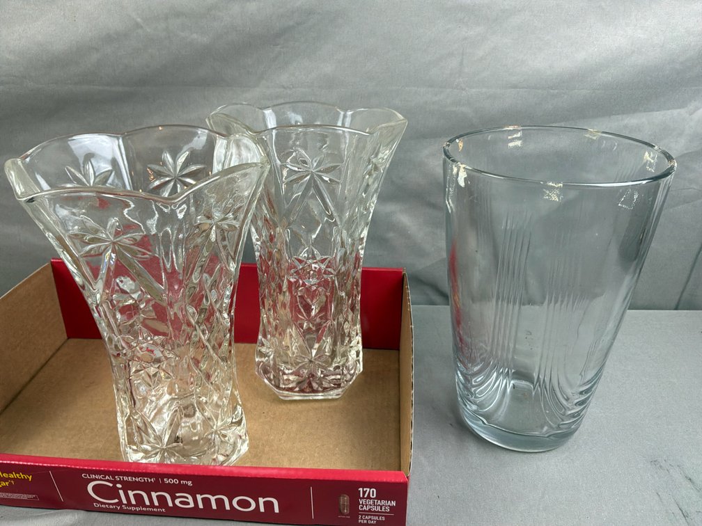 Three Clear Pressed and Fluted Glass Vases