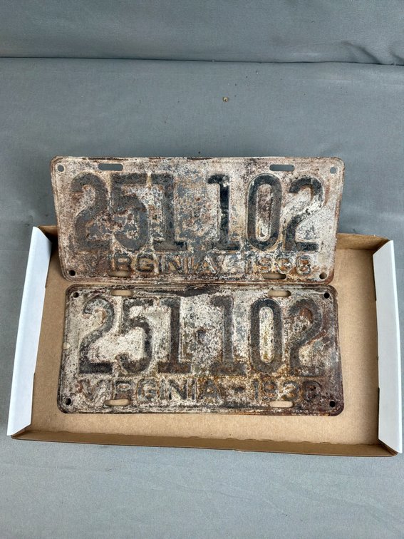 Pair of 1938 Virginia Stamped Metal License Plates