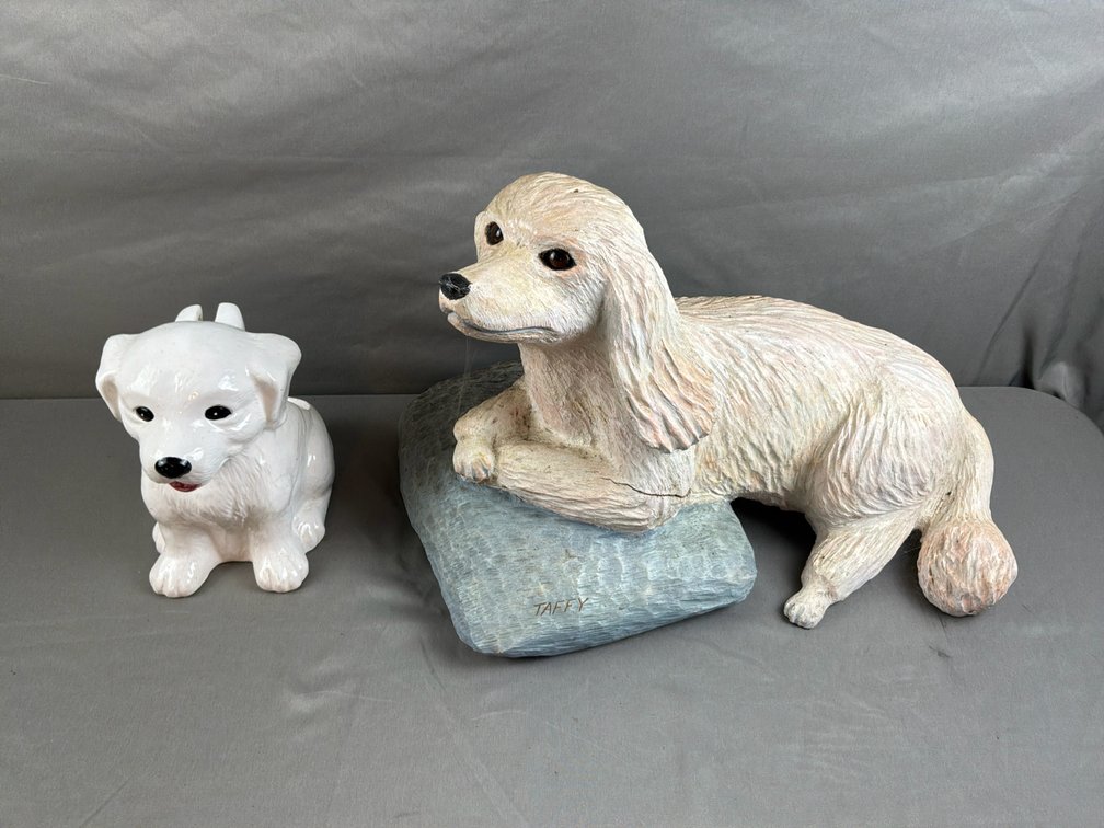 Ceramic Dog Planter and Inscribed Dog Figurine