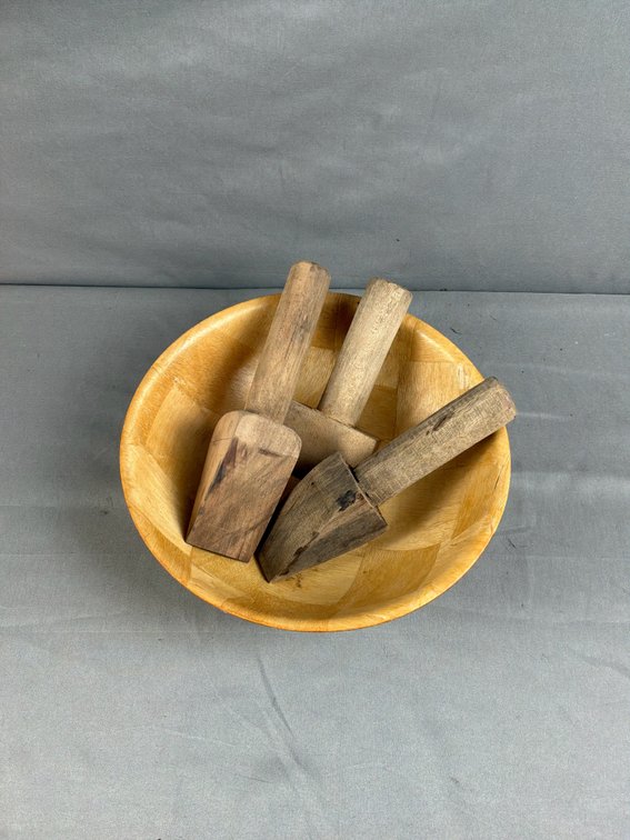 Woven Wood Bowl and Carved Wooden Hand Tools