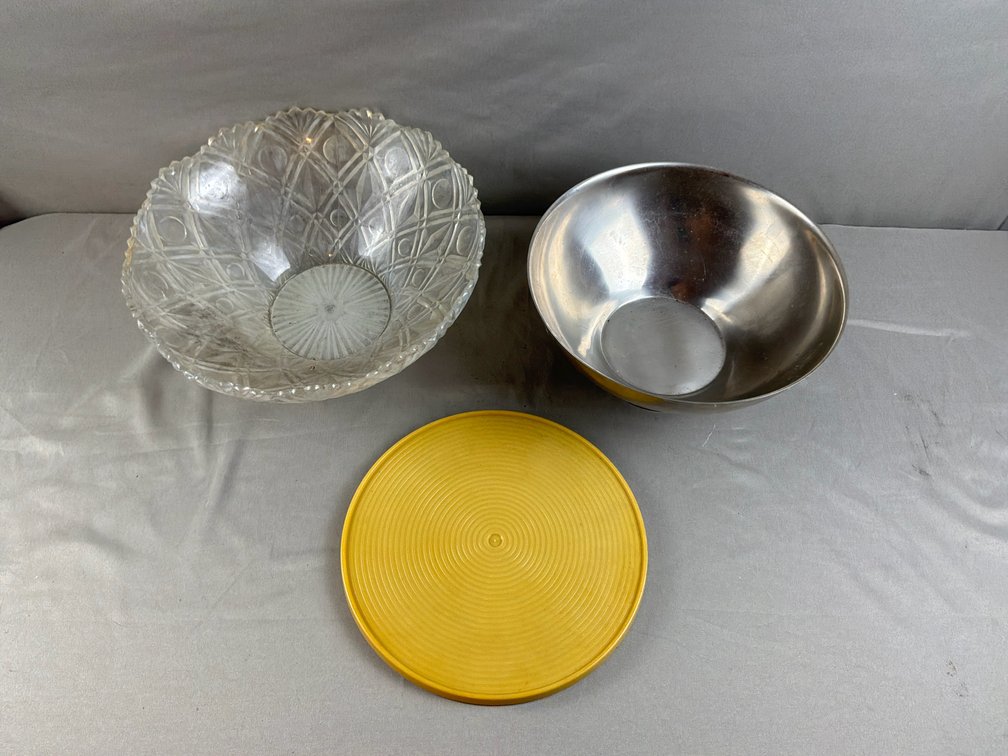 Patterned Glass Bowl, Metal Liner Bowl, and Plastic Insert