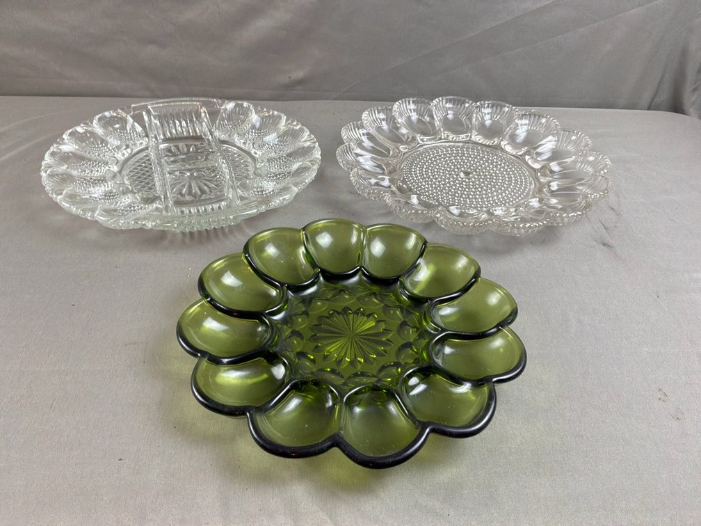 Clear and Olive Green Pressed Glass Deviled Egg Plates