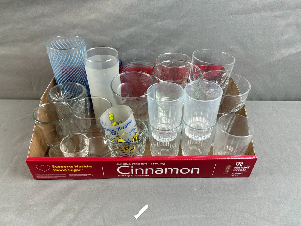 Glass Tumblers, Jamestown Souvenir Glass, and Drinkware
