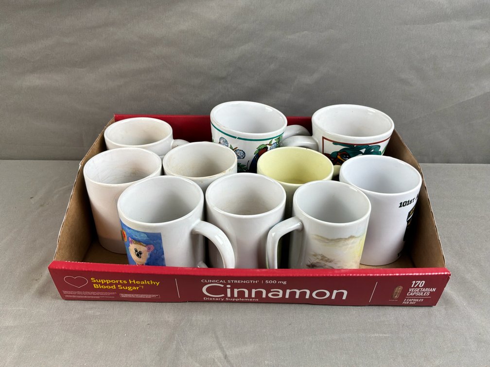 Ten Ceramic Coffee Mugs with Printed Designs