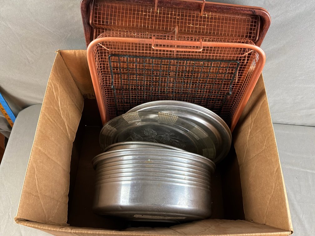 Crisper Basket, Bakeware, and Pressed Glass Platter