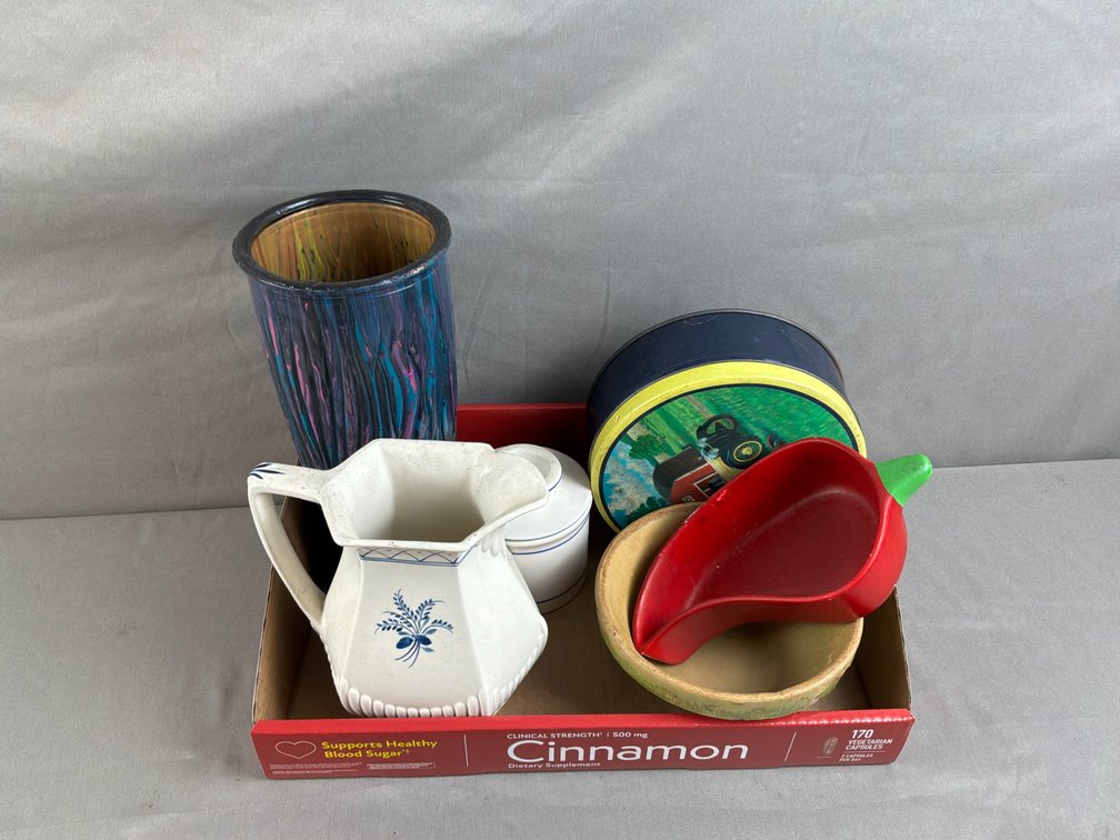 Ceramic Pitcher, Swirl Vase, Metal Tin, and Dishes
