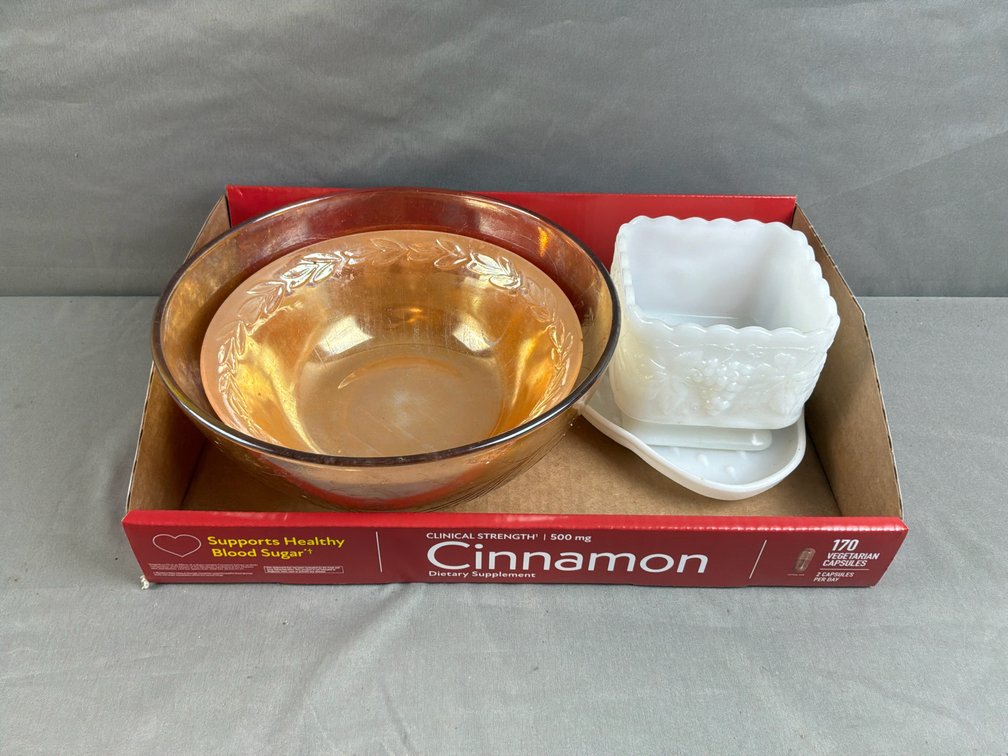 Carnival Glass Bowls and Milk Glass Dishes