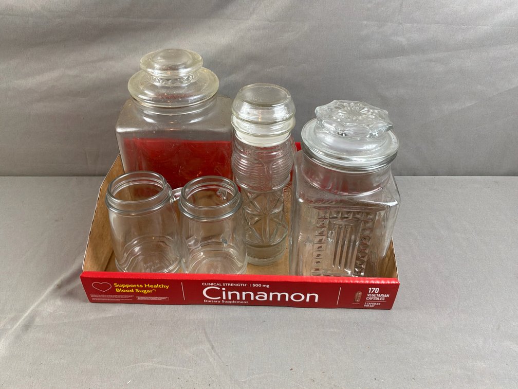 Clear Glass Canisters, Bottle, and Miniature Mugs