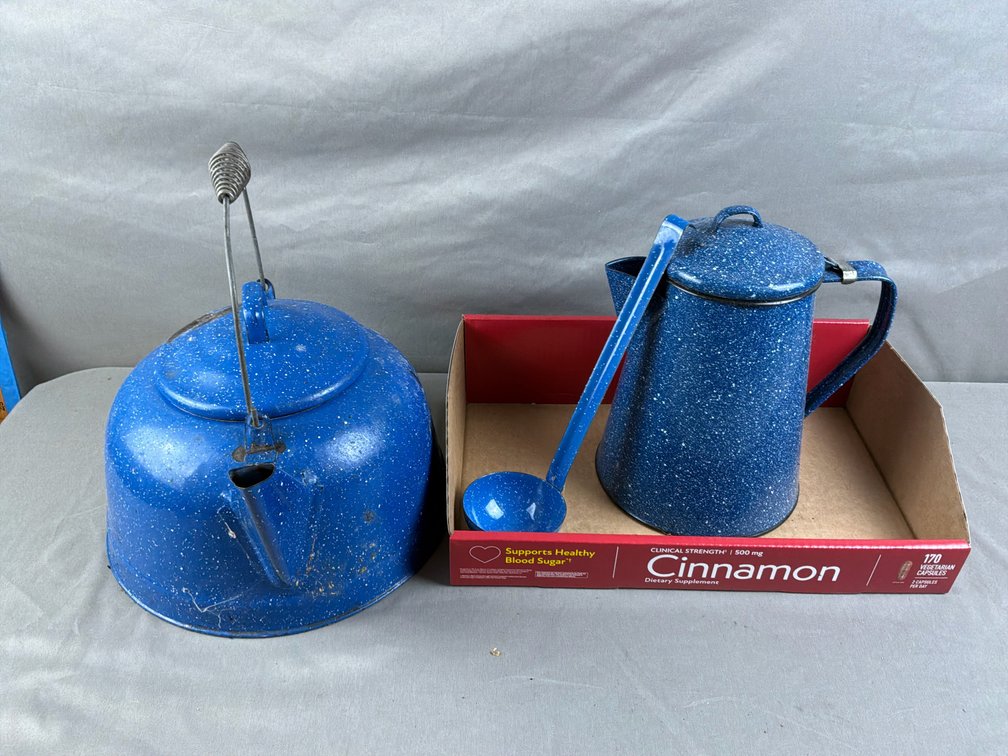 Blue Speckled Enamelware Kettle, Coffee Pot, and Ladle