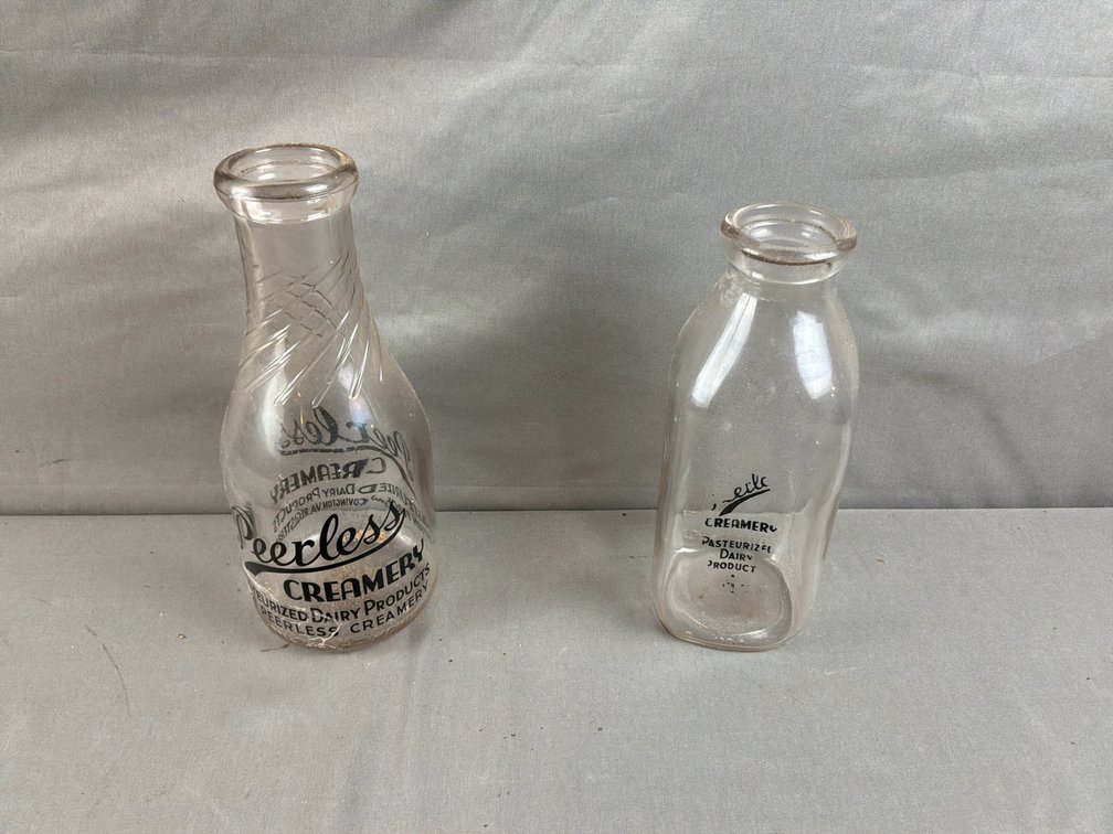 Peerless Creamery Pyroglazed Glass Milk Bottles