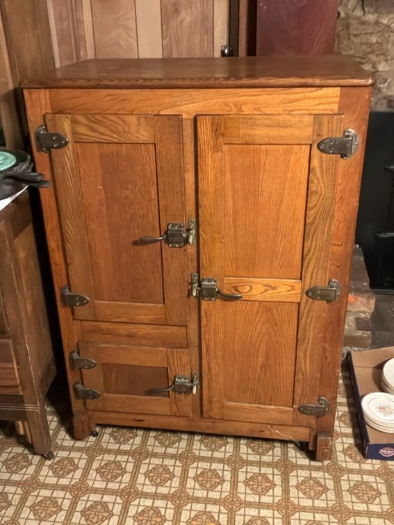 Oak Three-Door Icebox Cabinet on Casters