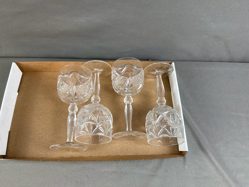 Set of 4 Cut Crystal Stemmed Wine Goblets