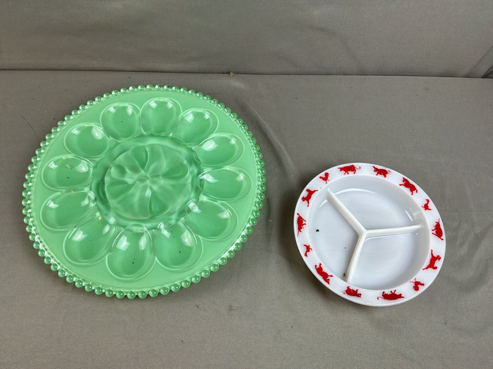 Jadeite Deviled Egg Platter and Divided Milk Glass Dish