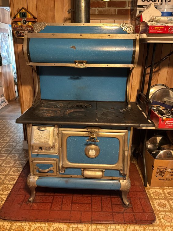 Karr Range Co. Blue Enamel Cast Iron Cookstove