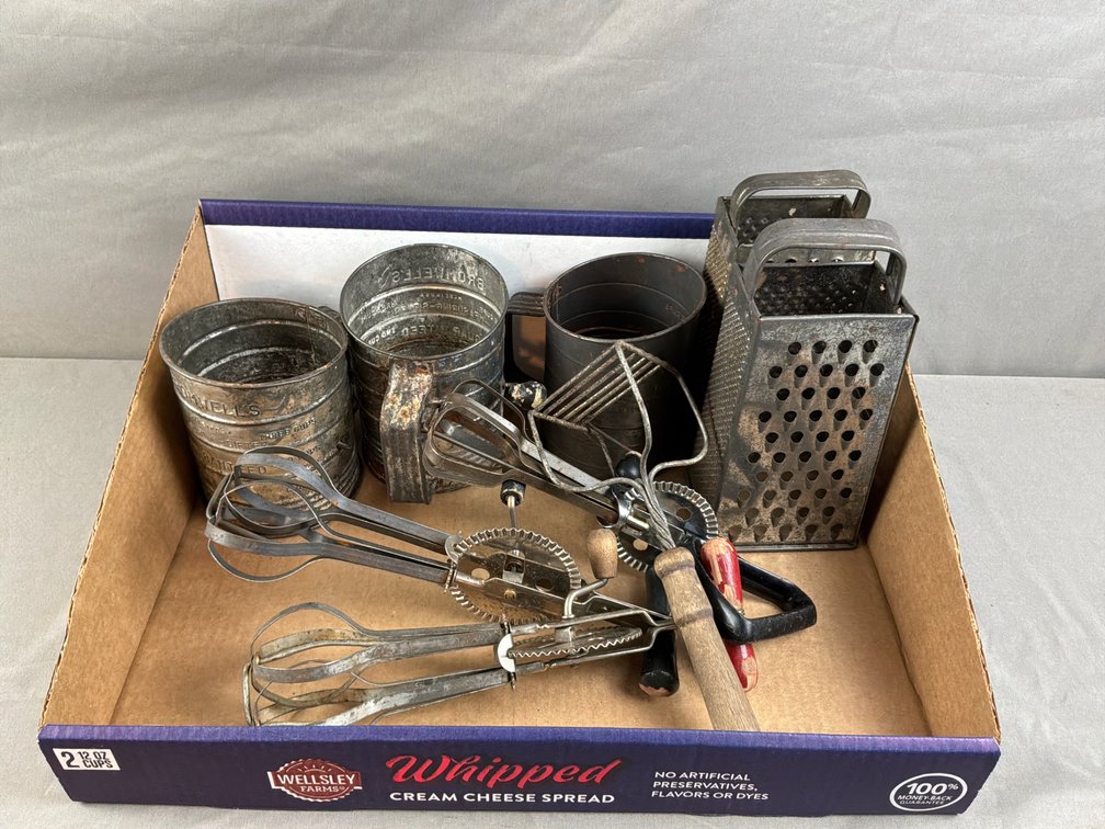 Metal Flour Sifters, Graters, and Hand Beaters