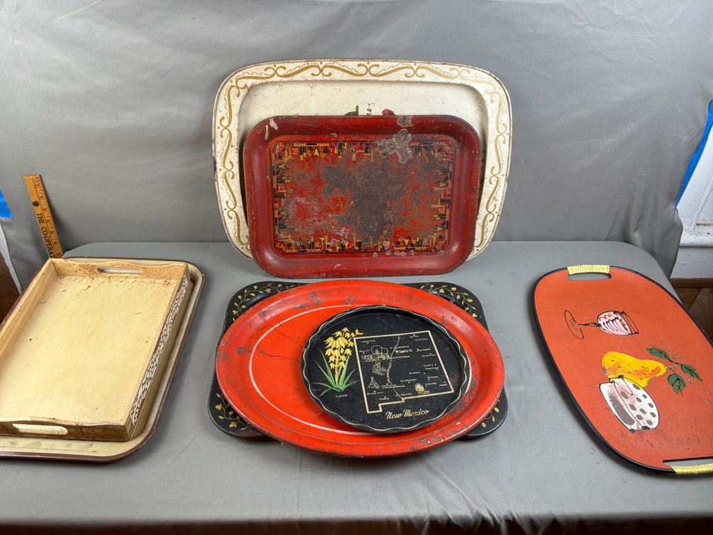 Painted Metal and Wooden Serving Trays