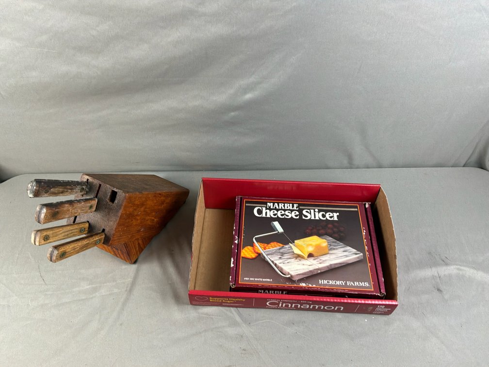 Wooden Knife Block with Knives and Marble Cheese Slicer