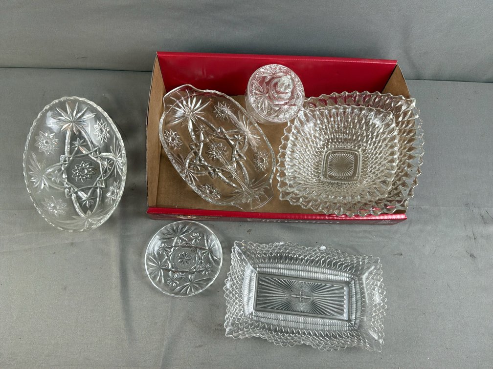 Clear Pressed Glass Relish Dish, Trays, and Bowls