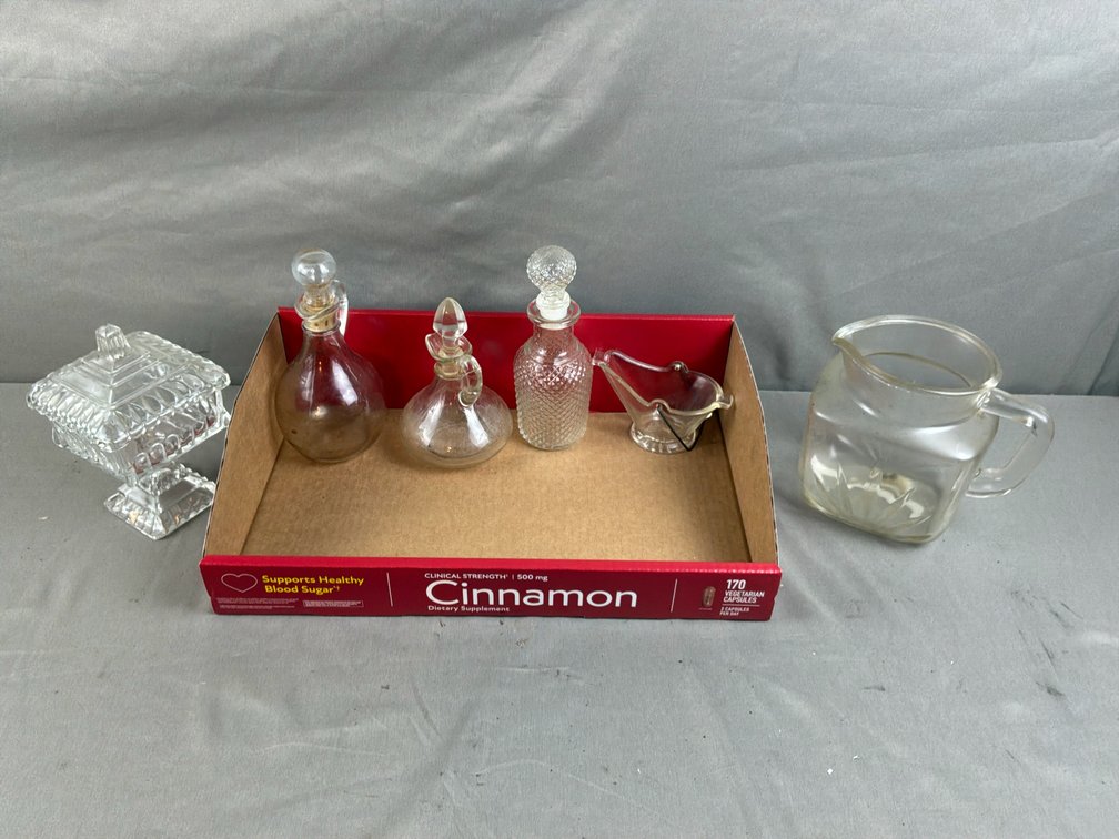 Pressed Glass Pitcher, Covered Candy Dish, Cruets, and More