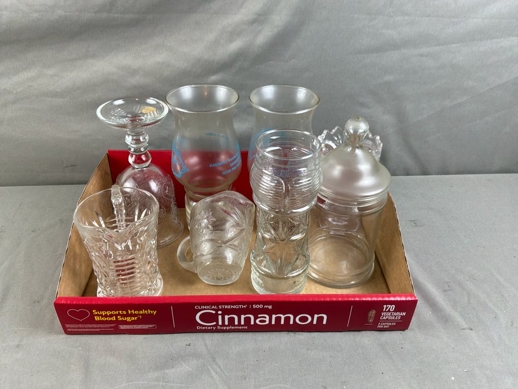 Pressed Glass Pitcher, Lidded Jar, and Table Glassware