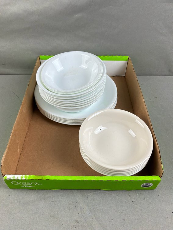 White and Cream Glass Dinnerware Plates and Bowls