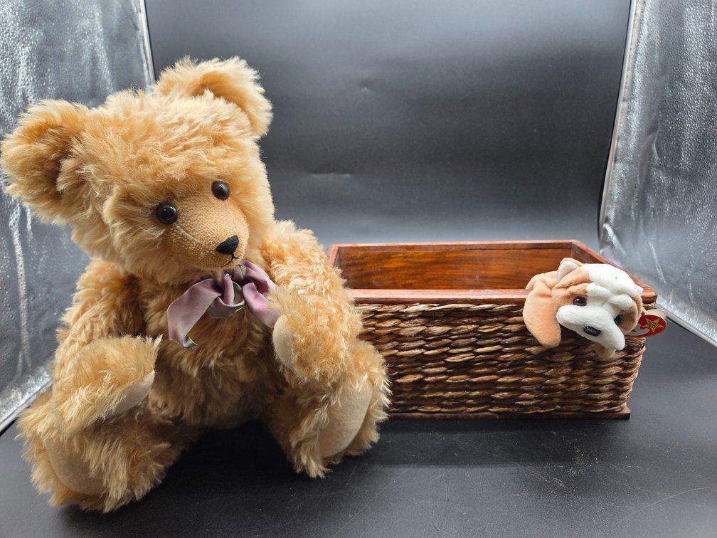 Plush Teddy Bear, Plush Dog, and Woven Basket