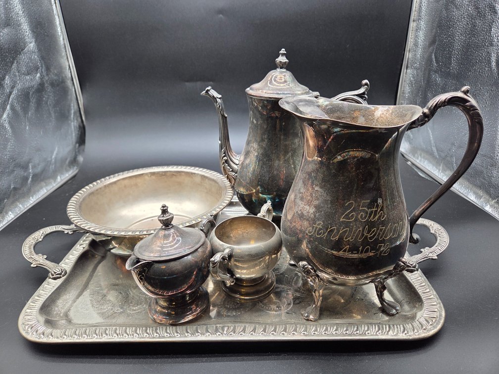 Six-Piece Silver-Plated Beverage Service Set with Tray