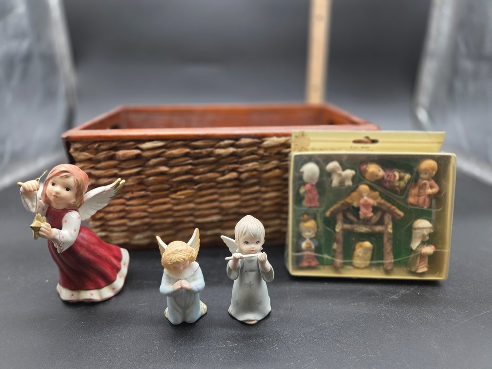 Porcelain Angel Figurines, Mini Nativity Set, and Basket