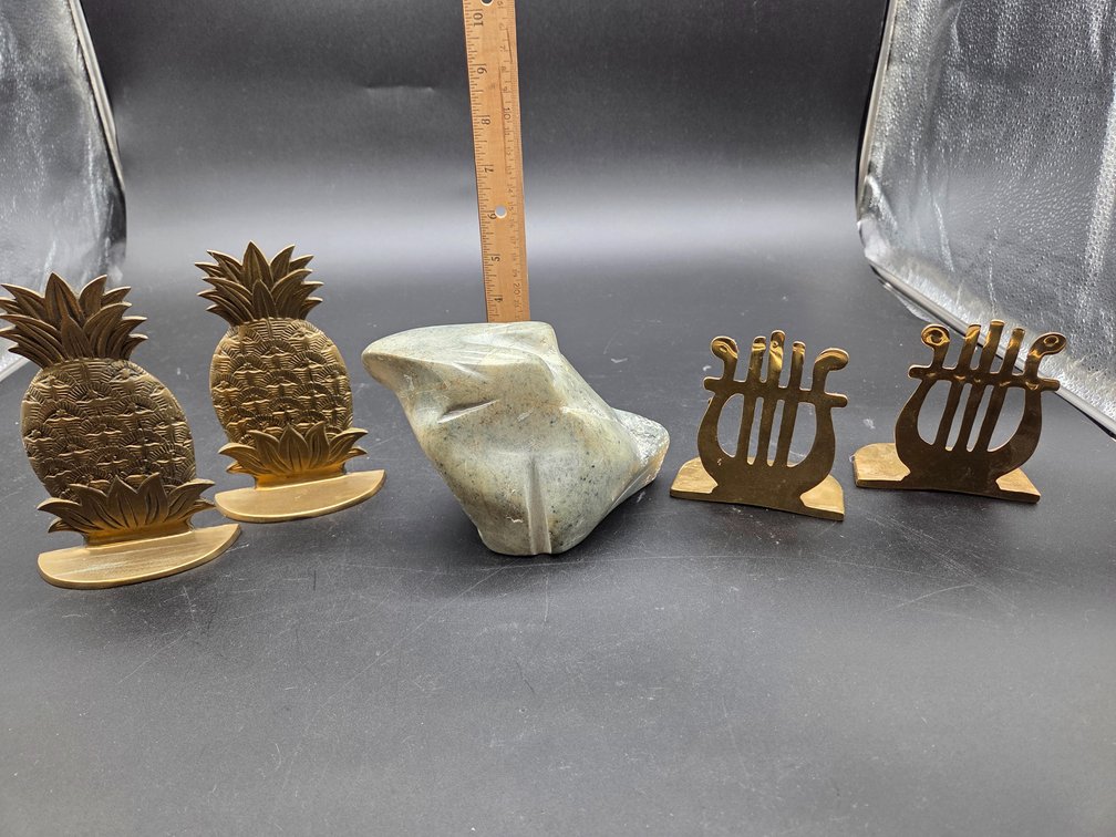 Brass Pineapple and Lyre Bookends and Carved Stone Sculpture