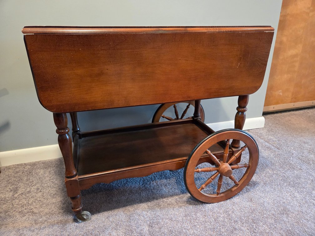 Wooden Drop-Leaf Tea Cart with Spoked Wheels