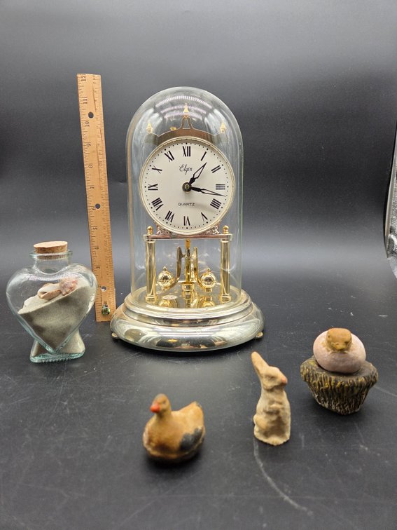 Quartz Anniversary Clock, Miniature Figurines, and Sand Bottle
