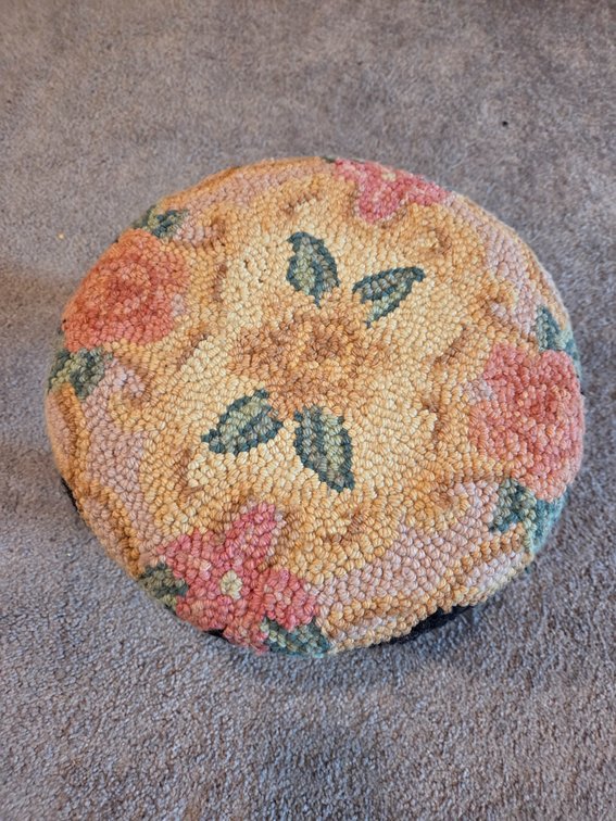 Round Hooked Wool Floral Footstool with Turned Legs