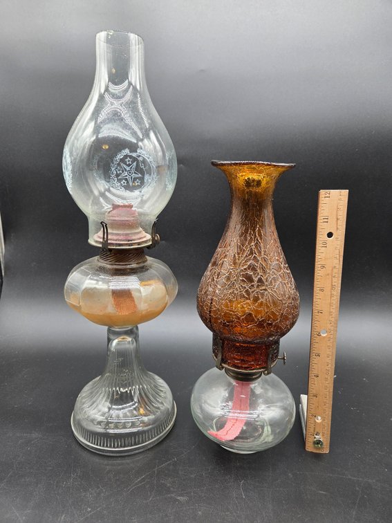 Glass Oil Lamps with Clear and Amber Crackle Chimneys