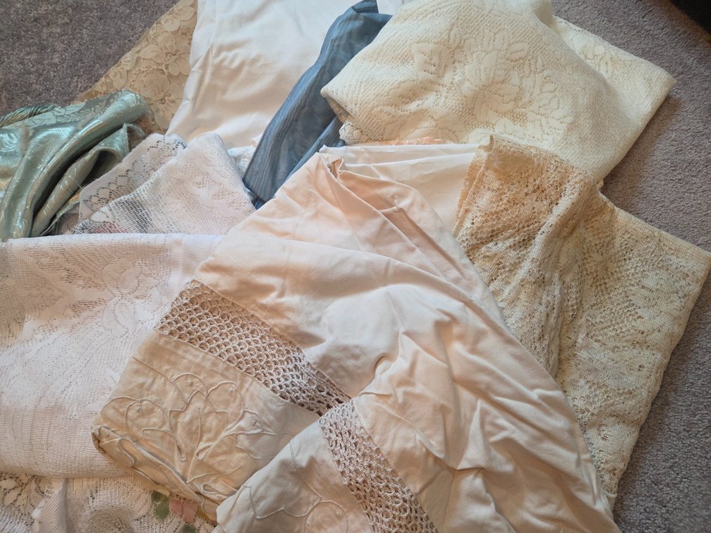 Lace Panels, Embroidered Linens, and Brocade Fabric