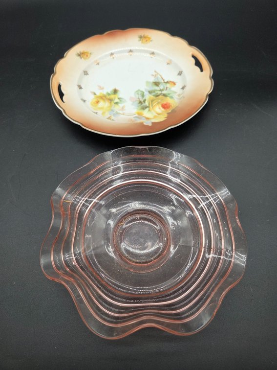 Porcelain Handled Plate and Pink Pressed Glass Dish