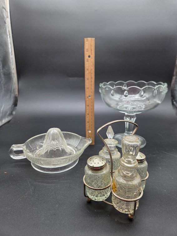 Pressed Glass Compote, Citrus Reamer, and Cruet Set