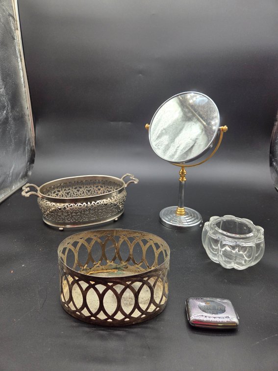 Tabletop Vanity Mirror, Metal Holders, Glass Dish, and Pillbox