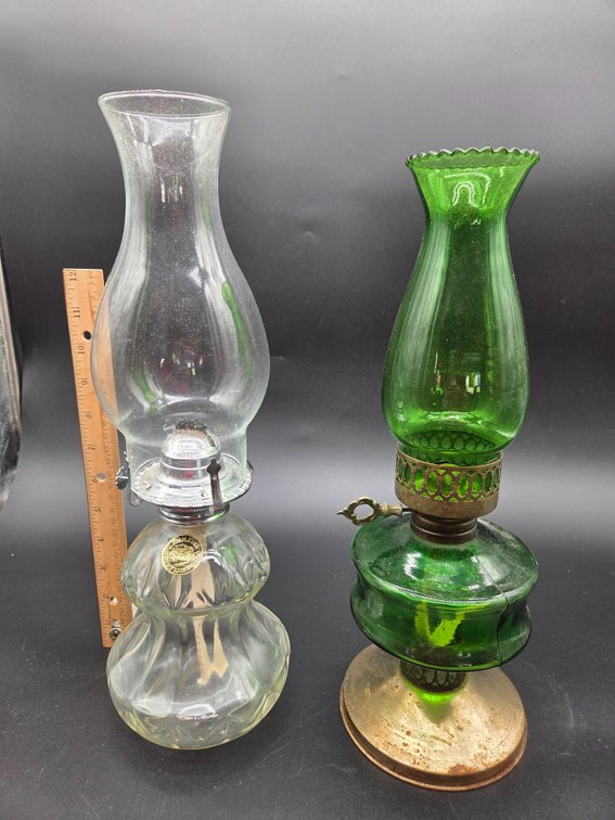 Clear and Green Glass Oil Lamps