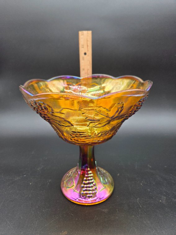 Marigold Carnival Glass Grape Pattern Footed Compote