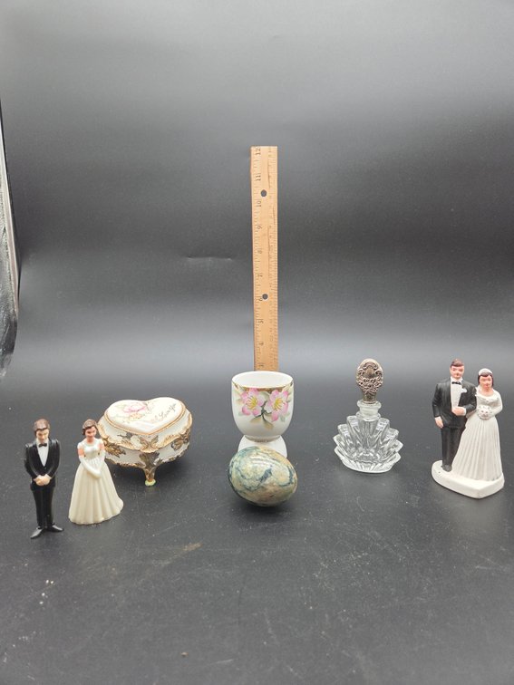 Trinket Box, Egg Cup, Perfume Bottle, and Wedding Figurines