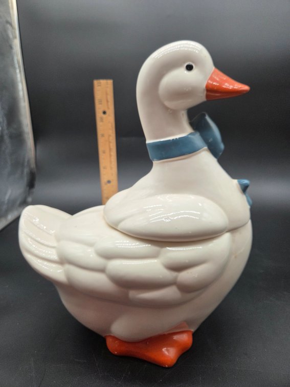 Glazed Ceramic Goose Cookie Jar with Blue Bow