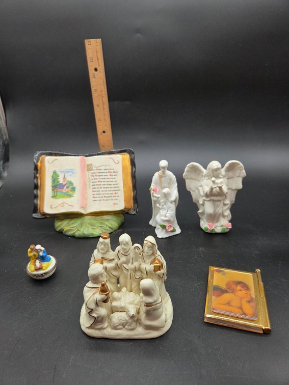 Porcelain Religious Figurines, Open Bible Plaque, and More