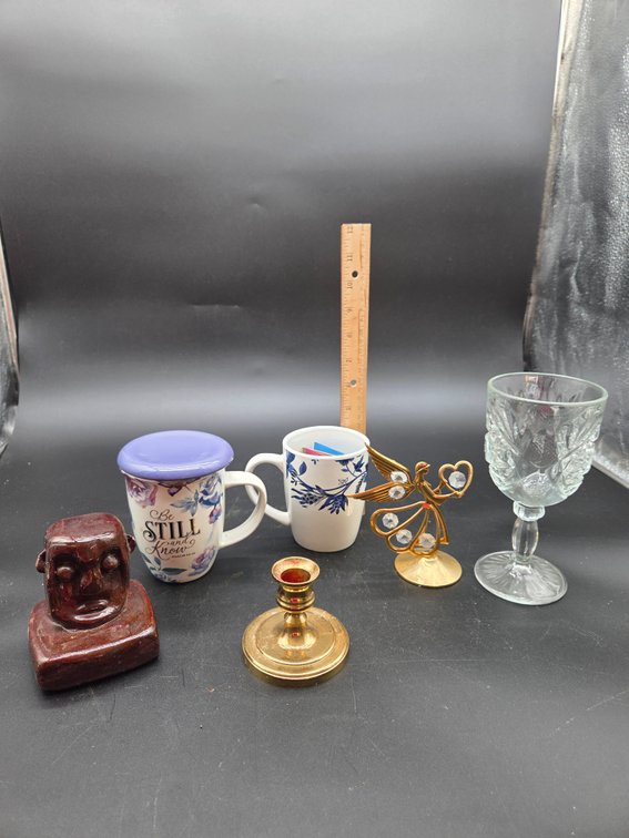 Ceramic Mugs, Brass Candlestick, Glass Goblet, and Figurines